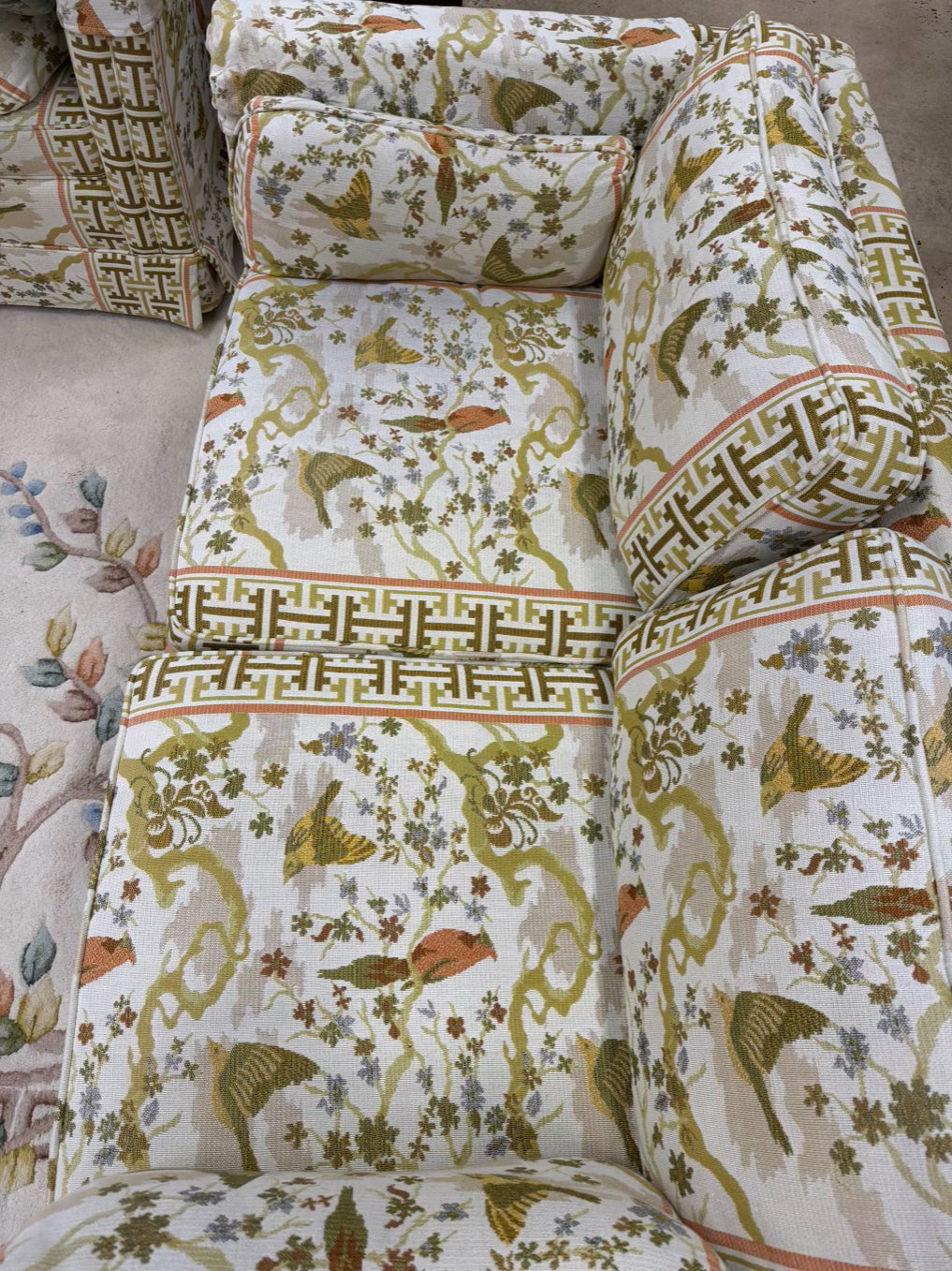 VINTAGE Cream, Gold, Green & Rust Birds Love Seat w/ 2 Cushions