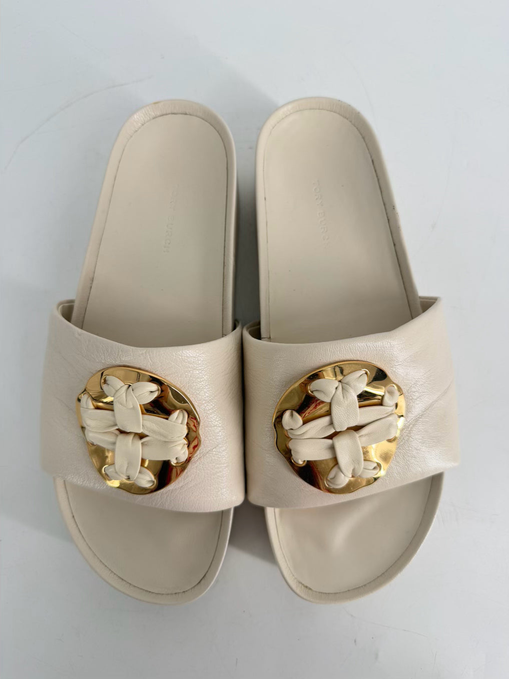 TORY BURCH Size 9.5 Cream & Gold Leather Platforms