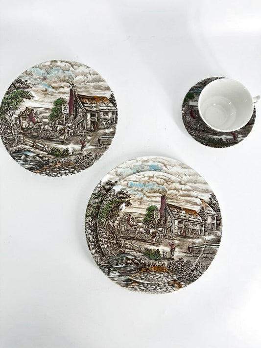 WOOD & SON Brown & White Ironstone "The Posthouse" Dinner Set for 4