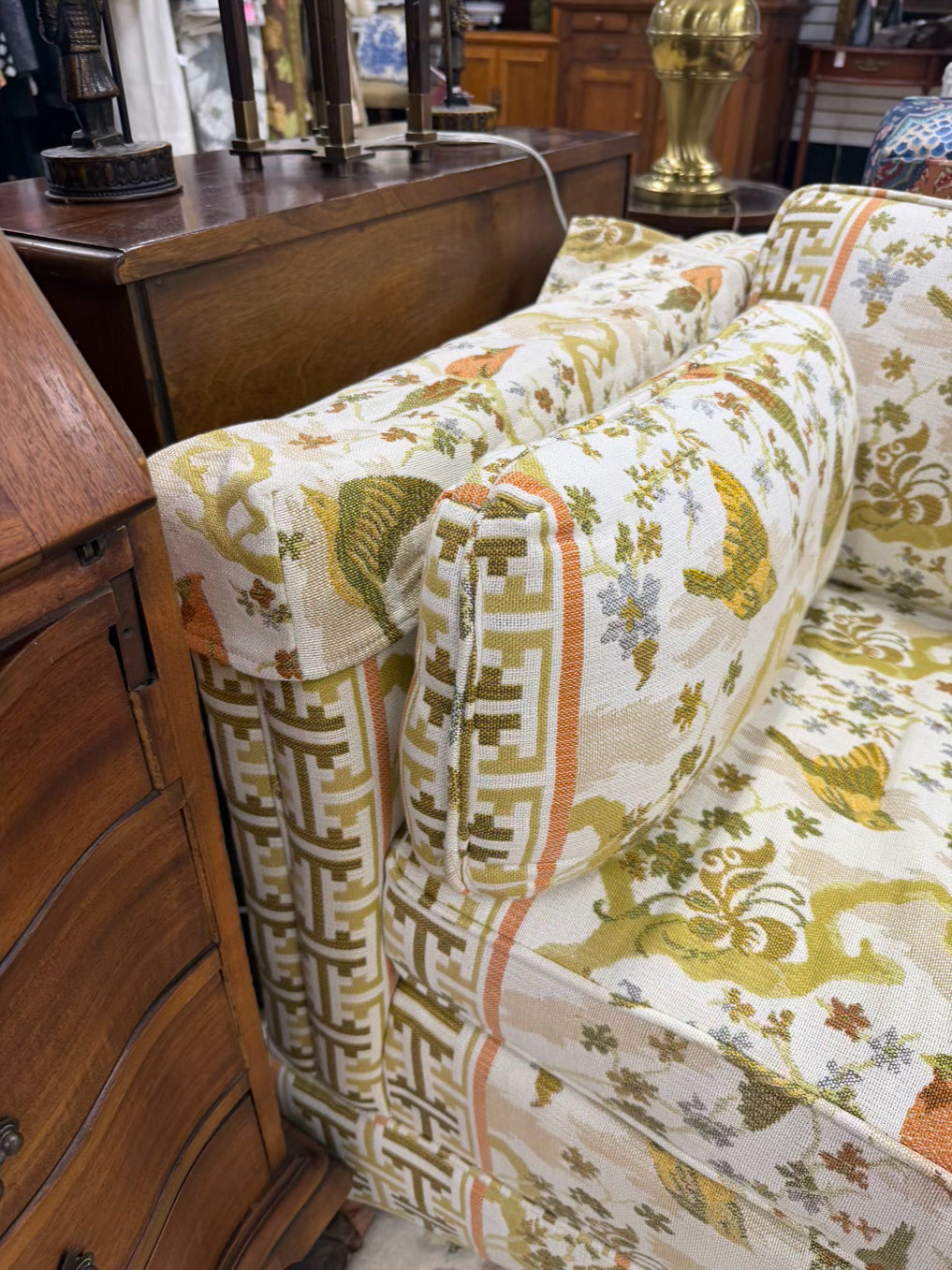 VINTAGE Cream, Gold, Green & Rust Birds Sofa w/ 3 Cushions