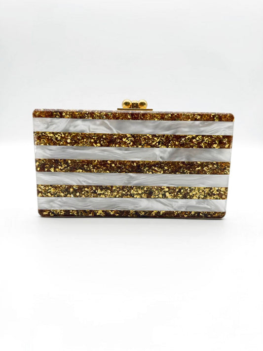 EDIE PARKER Cream & Gold Jean Acrylic Stripe Clutch Bag