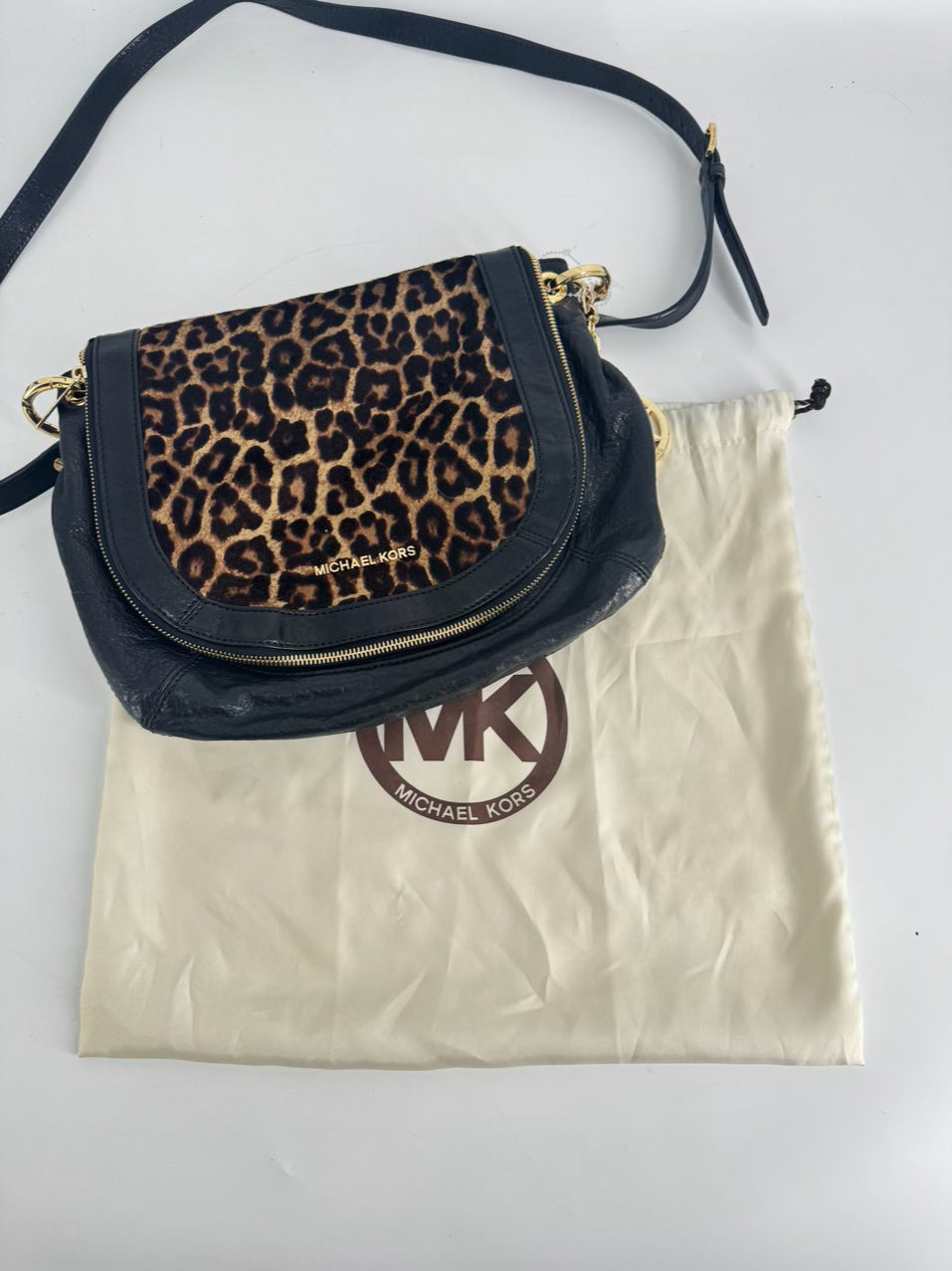 MICHAEL KORS Black Leather & Leopard Print Calf Hair Trim Stanthorpe Satchel