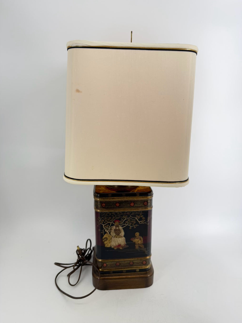 Black, Red & Gold Tin Oriental Pair of Tea Caddy Lamps w/  Square White Shades