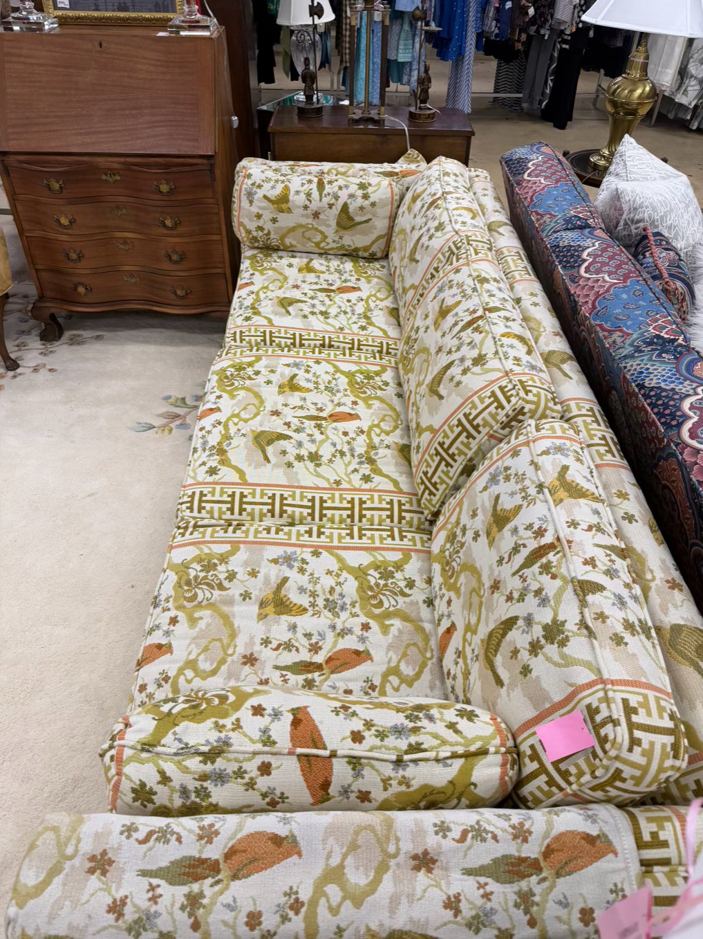 VINTAGE Cream, Gold, Green & Rust Birds Sofa w/ 3 Cushions