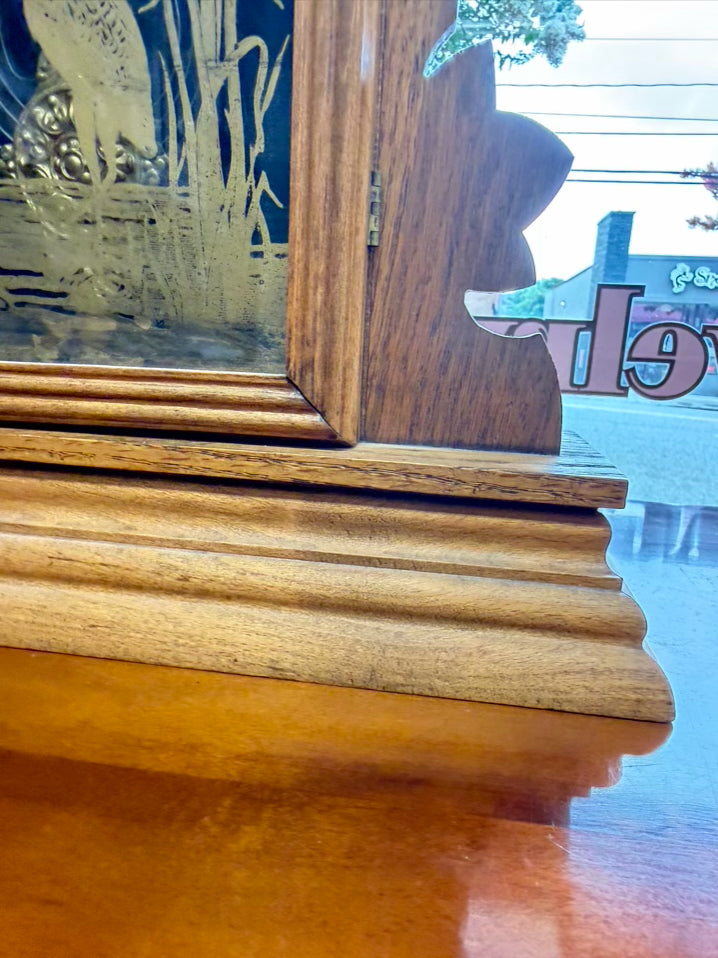 ANTIQUE Medium Oak Clock w/ Gold Bird Design
