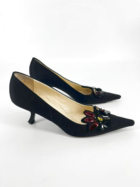 PRADA Size 38 Black Satin Gem Detail Kitten Heels
