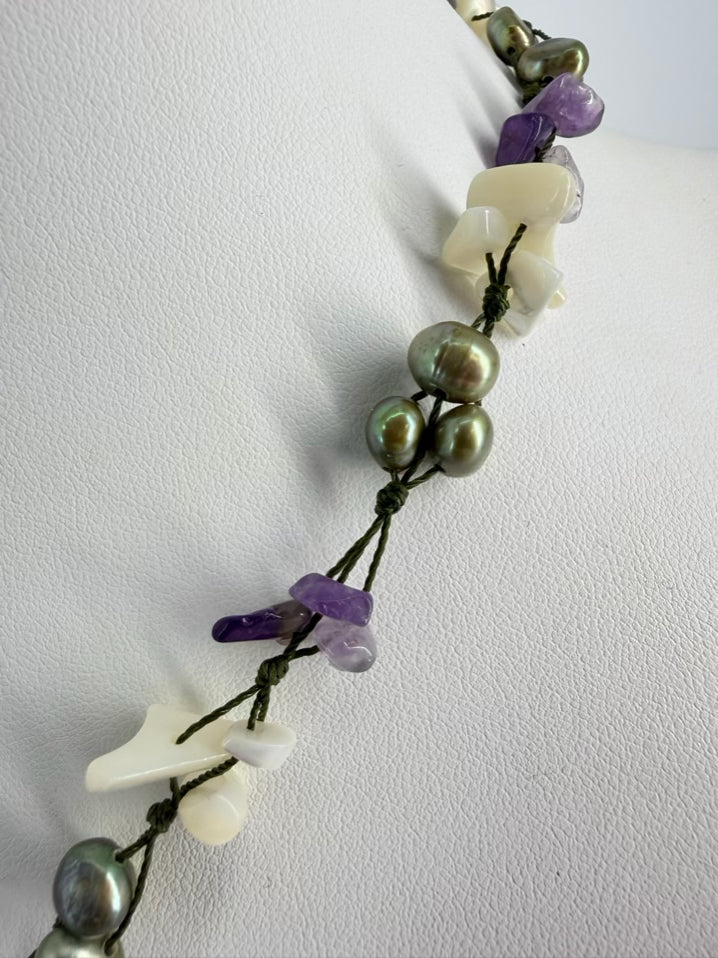 Multi Colored Jasper, Amethyst, Pearl & Shell  Necklace