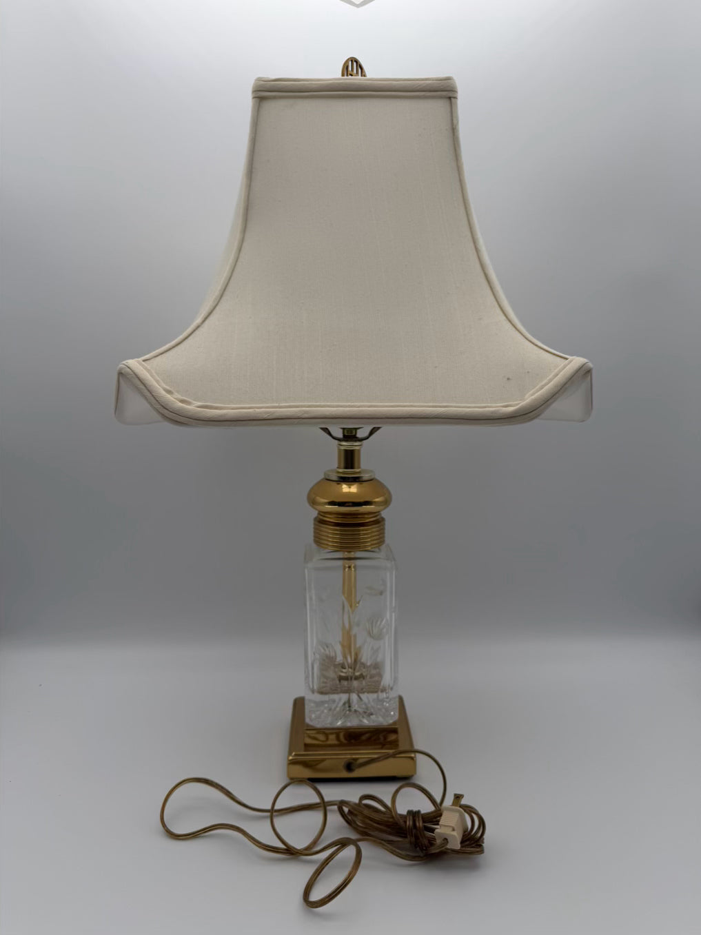 Square Clear Crystal & Brass Lamp w/ Ivory Silk Shade