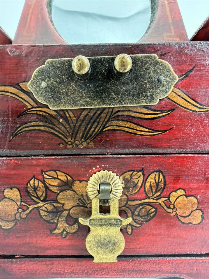Red, Gold & Black Wood Hand painted Oriental Jewelry Box w/ Mirror