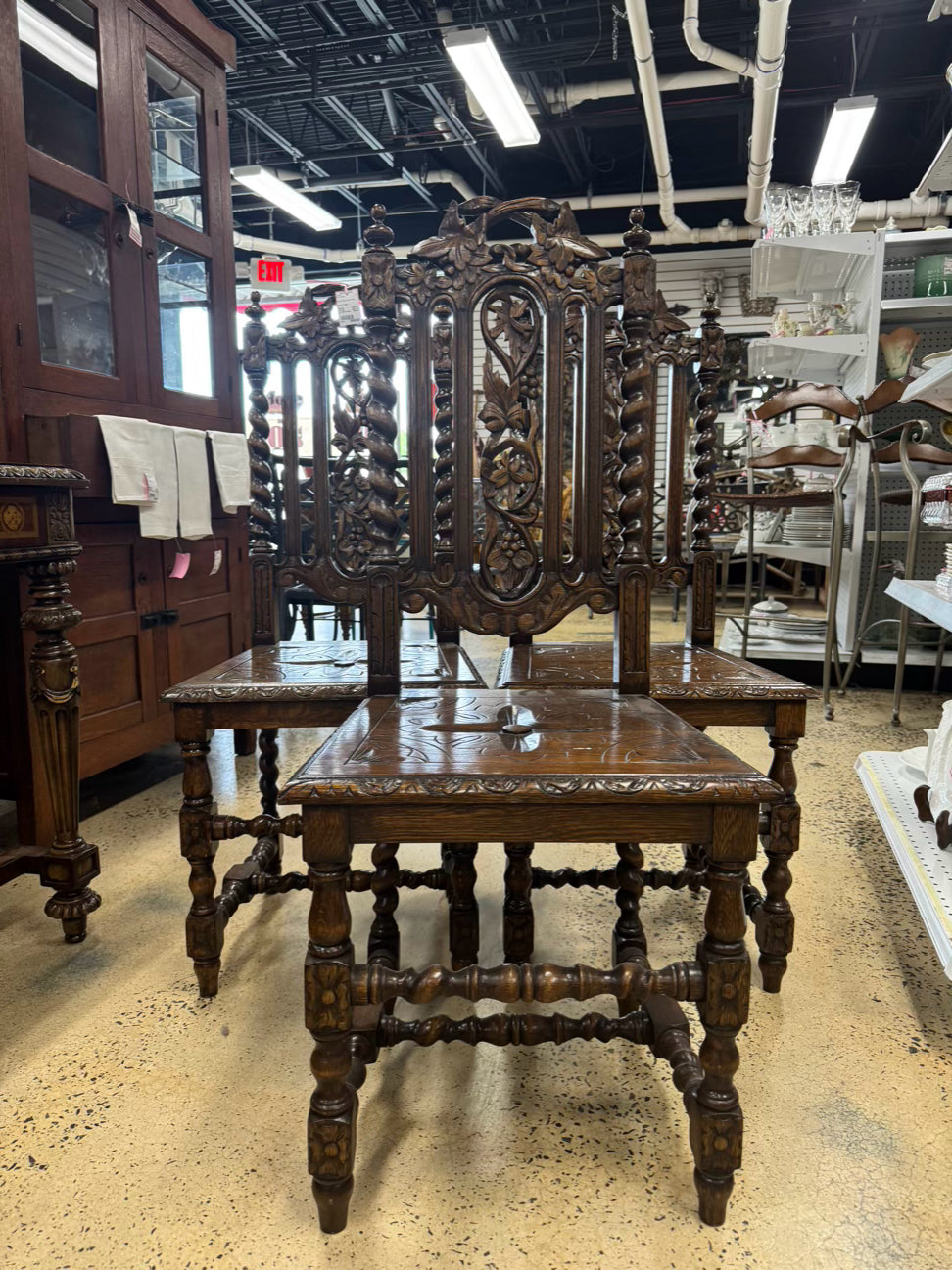 Carved Oak English Set of 3 Chairs