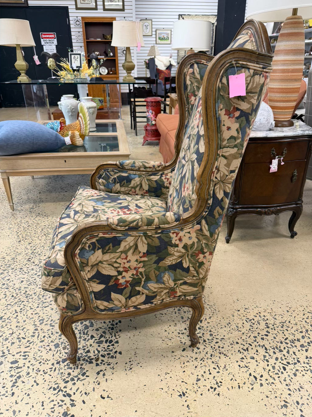 VINTAGE Blue, Red, & Cream French Floral Fabric Chair