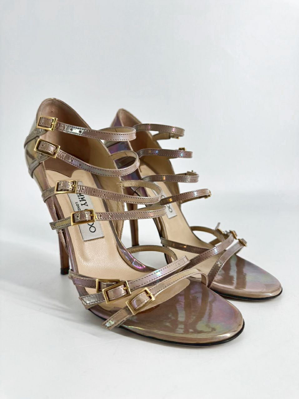 JIMMY CHOO Size 37.5 Metallic Iridescent Leather Atlas Gladiator Pumps