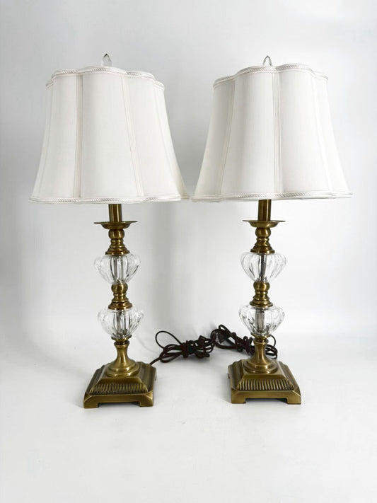 Brass & Crystal Pair Of Lamps w/ Shades