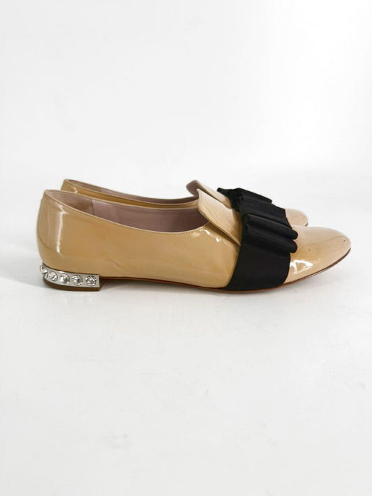 MIU MIU Size 39.5 Beige & Black Leather Bow Crystal Flats