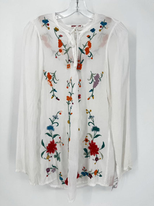 JOHNNY WAS Size S White Floral Embroidered Tunic