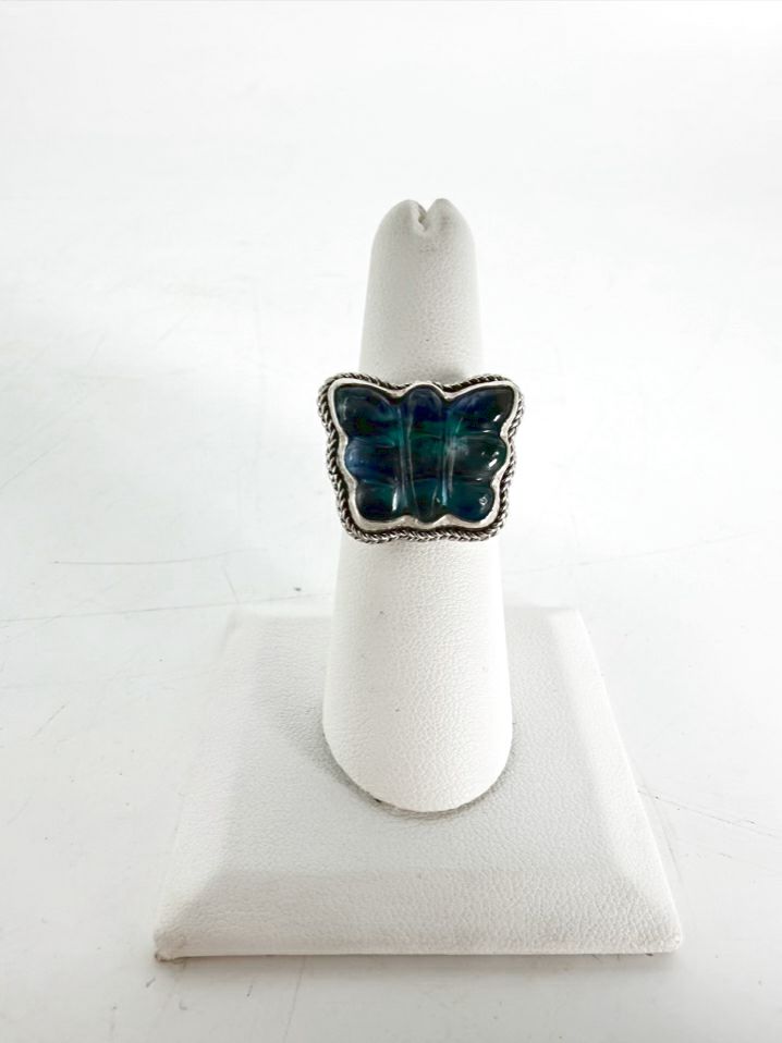 SARDA BALI STERLING SILVER Blue & Green Glass look Butterfly Ring