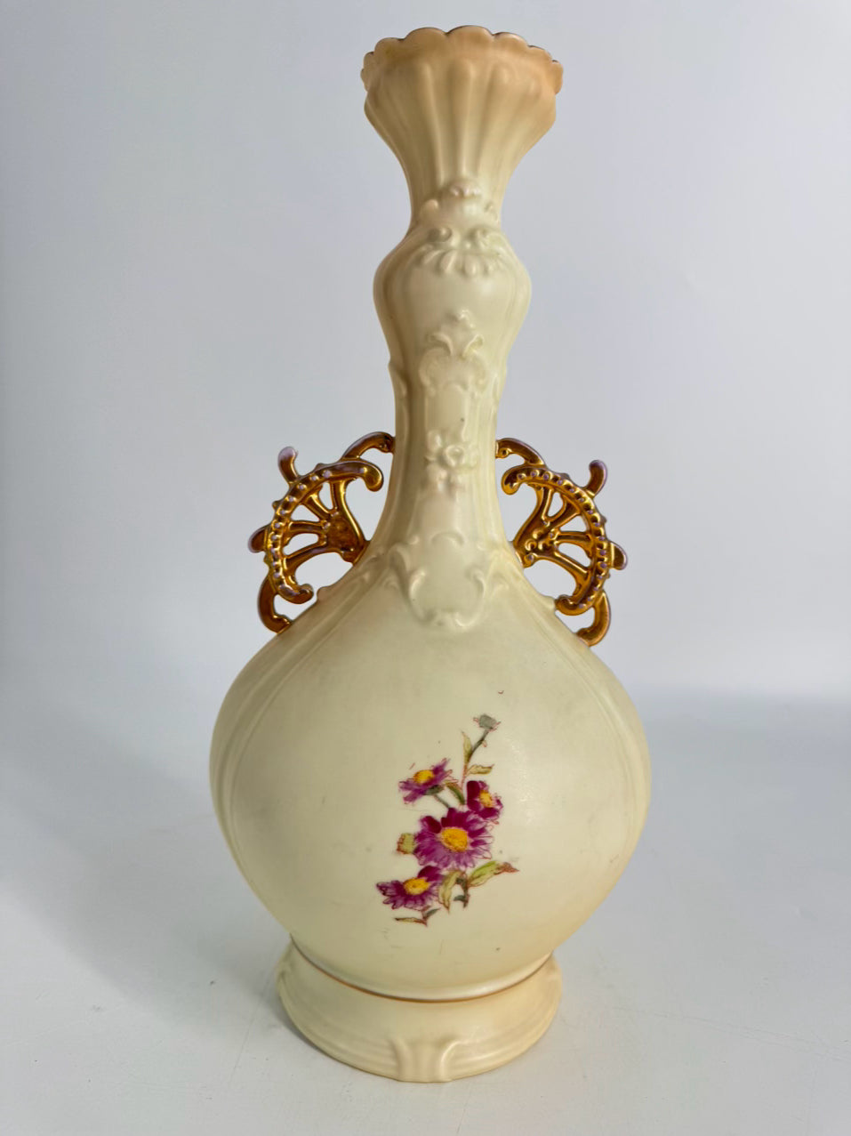 GERMANY-RUDOLSTADT Cream & Purple Flowers Porcelain Vase