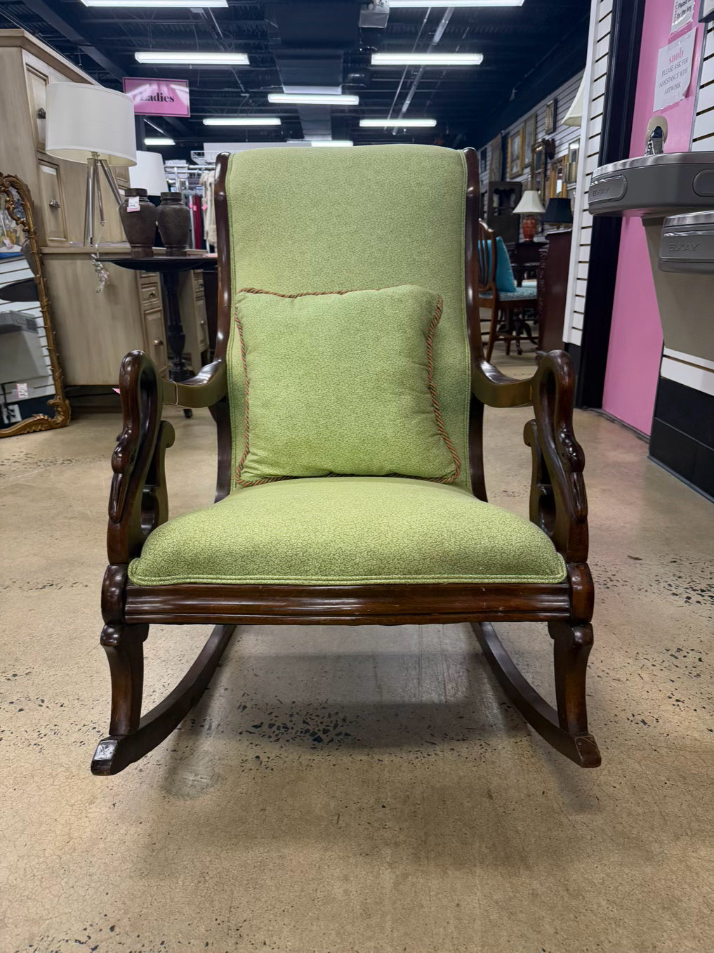 VINTAGE Wood Gooseneck Rocking Chair w/ Green Fabric & Pillow