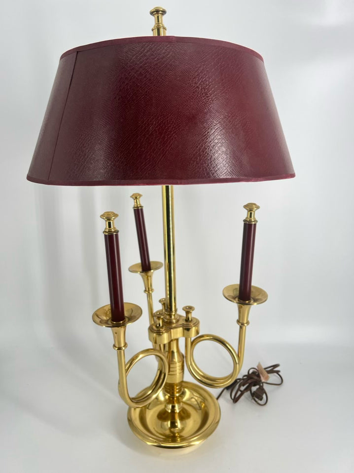 Brass Bouillotte French Horns Lamp w/ Red Shade