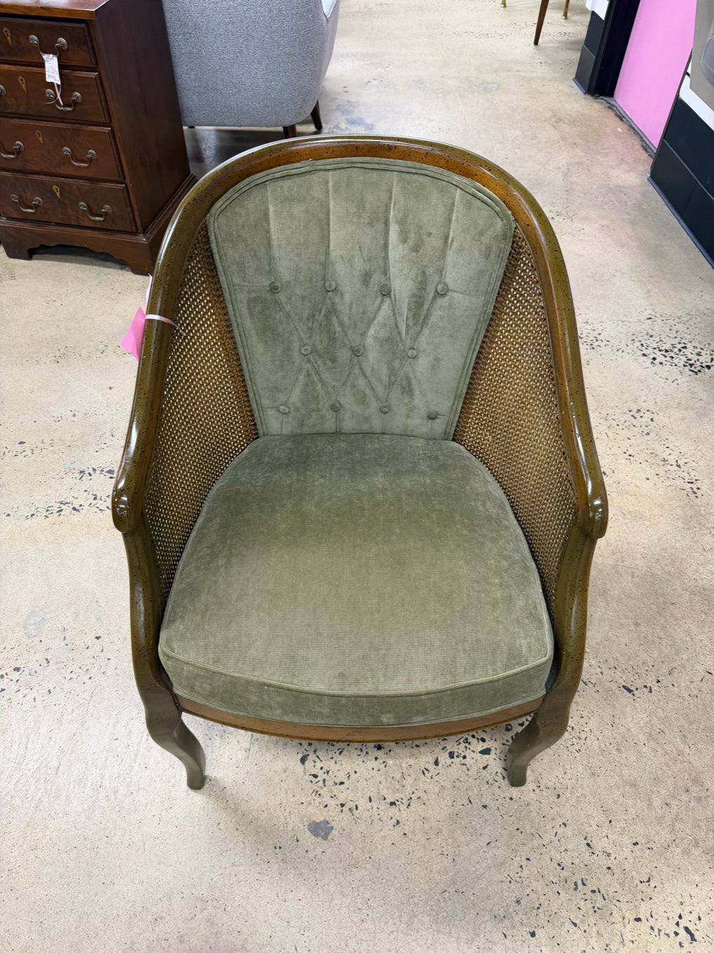 VINTAGE Brown Cane Chair w/ Green Upholstery