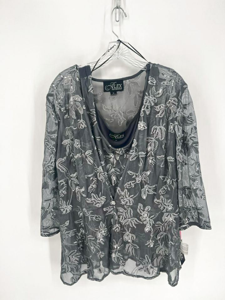 ALEX EVENINGS Size XL Gray Mesh Floral Embroidered 2 Piece Tops NWT