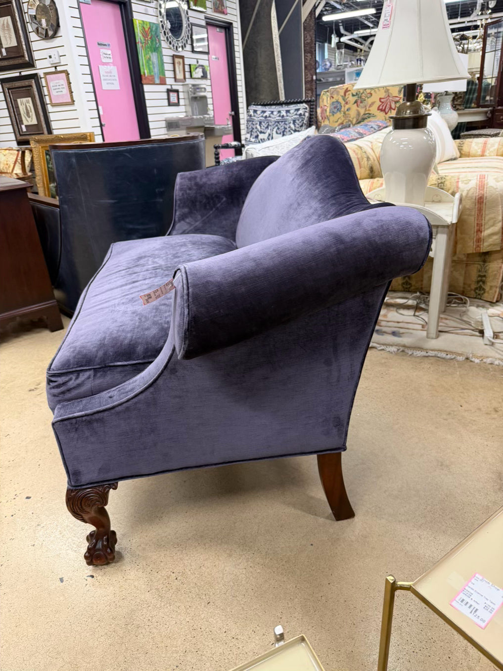 VINTAGE Wood Ball & Claw Love Seat w/ Purple Velveteen Fabric