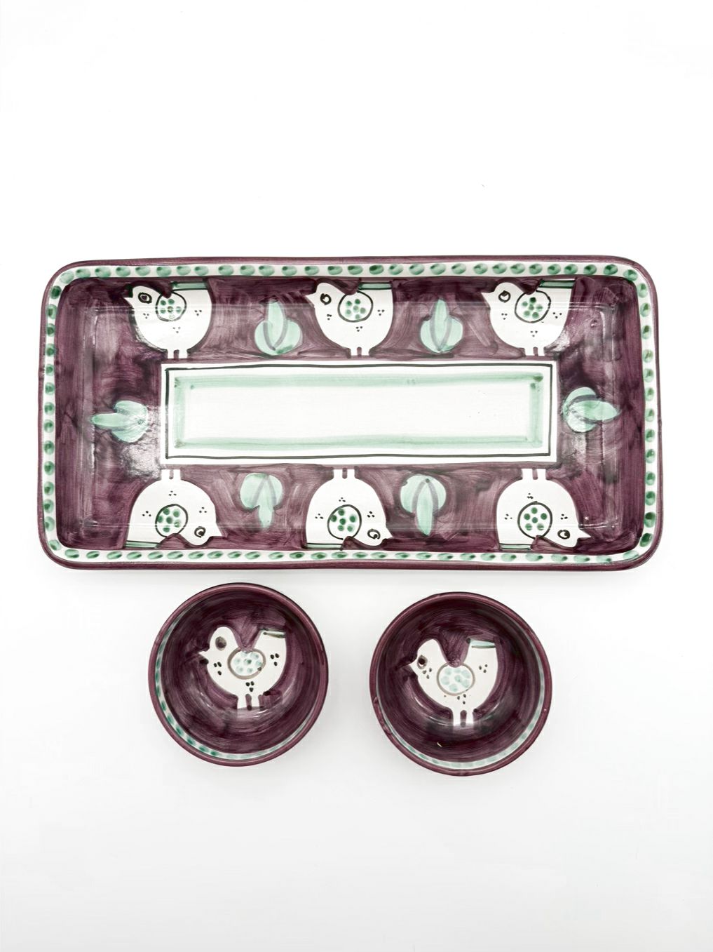 VIETRI Purple & Aqua Pottery Birds Bread Tray w/ 2 Small Oil & Vinegar Bowls
