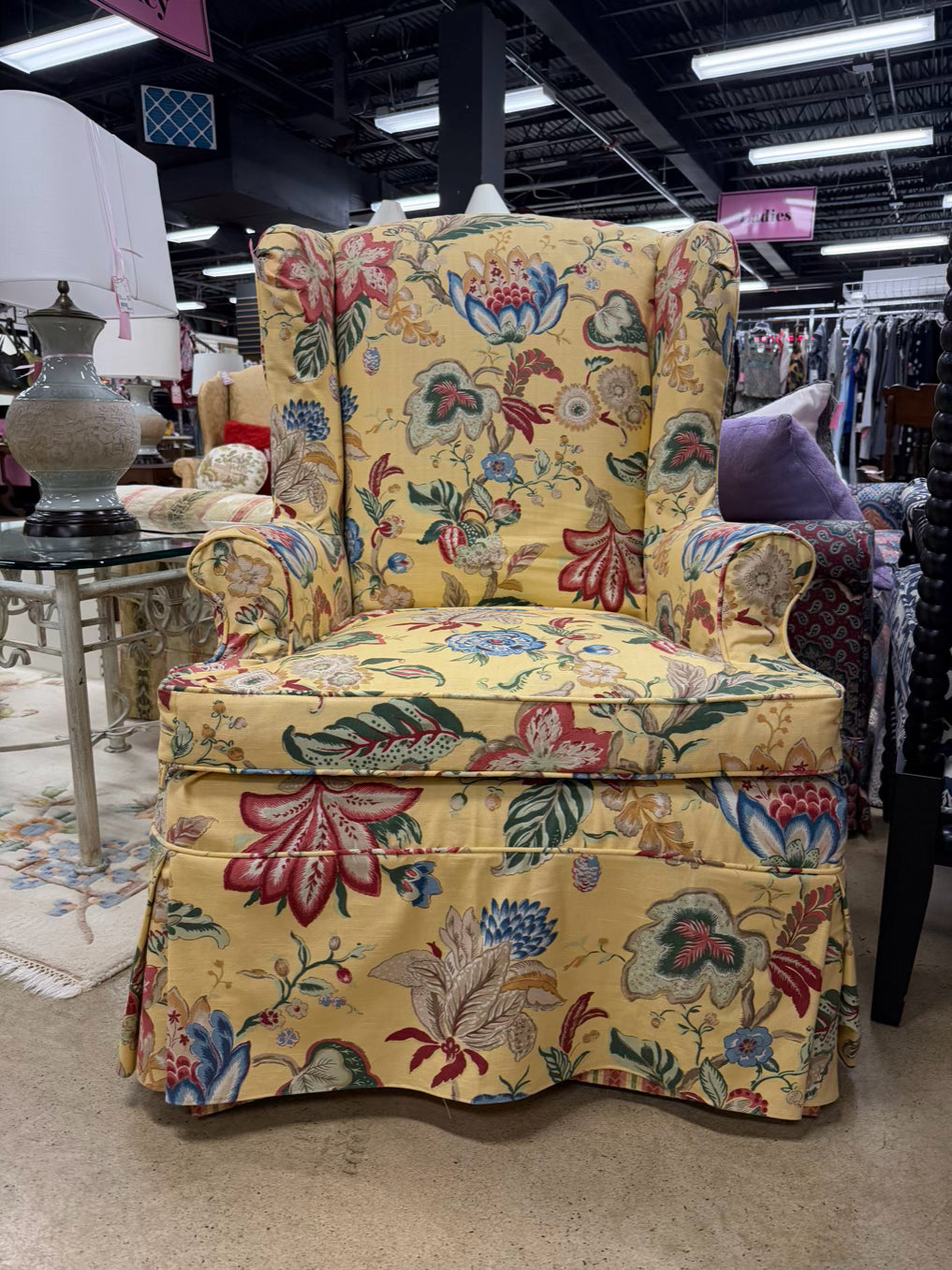 VINTAGE Yellow, Blue, Red & Green Floral Slip Covered Wingback Chair