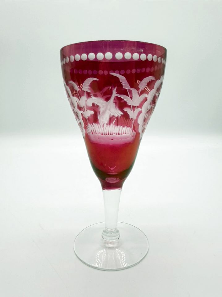 BOHEMIAN Red & Frosted Glass Set Of 8 Footed Glasses