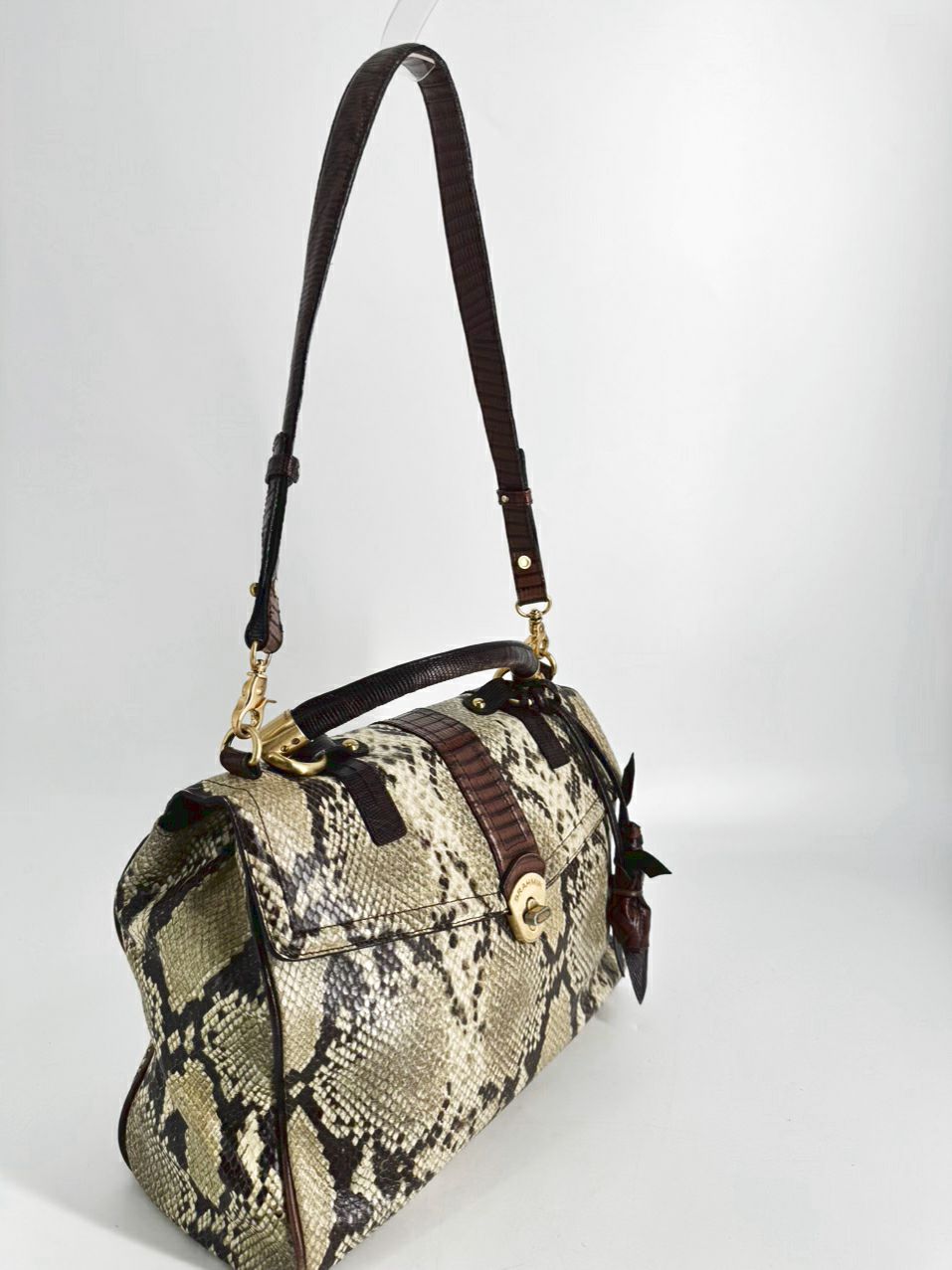 BRAHMIN Cream & Brown Leather Snake Print Purse