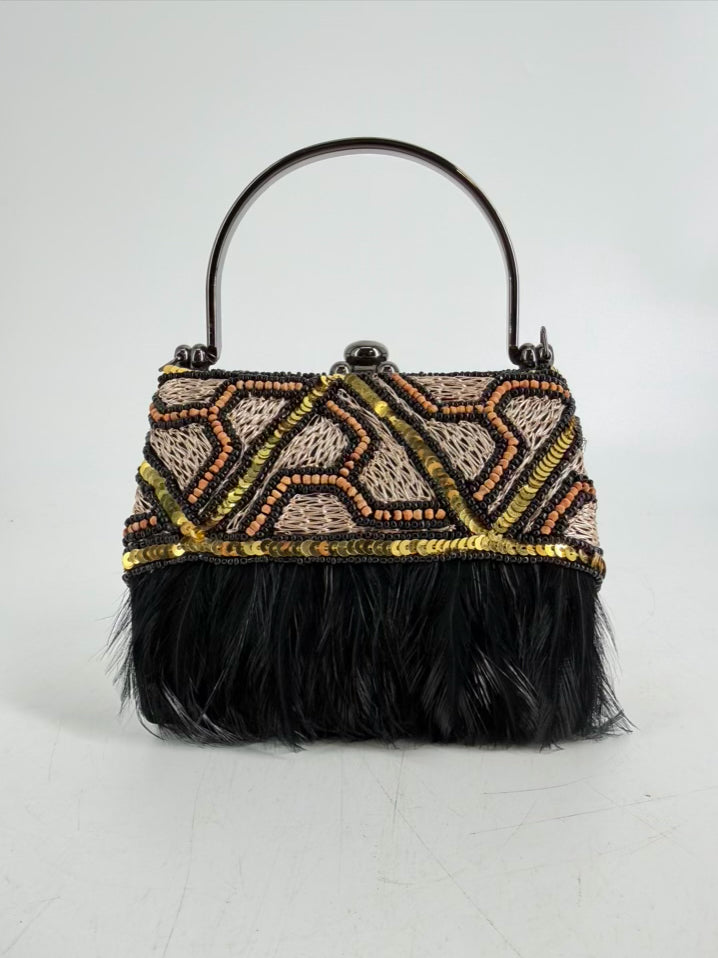 MOO ROO CHARLESTON SIGNED MARY NORTON Black Feather Beaded Art Deco Evening Bag