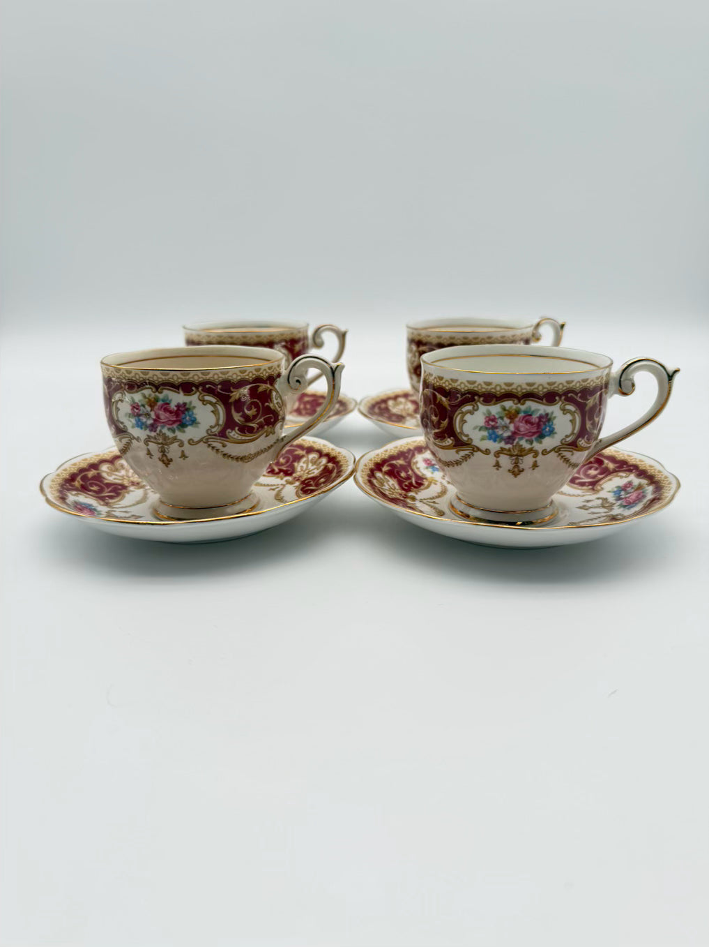 QUEEN ANNE Regency White & Red Dessert Plate Setting for 4 w/ Cups & Saucers