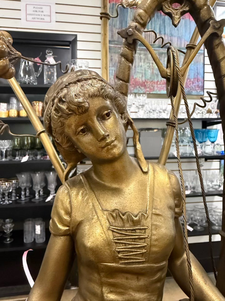 HENRI PLES Art Nouveau Woman by the Well Gold Metal Lamp