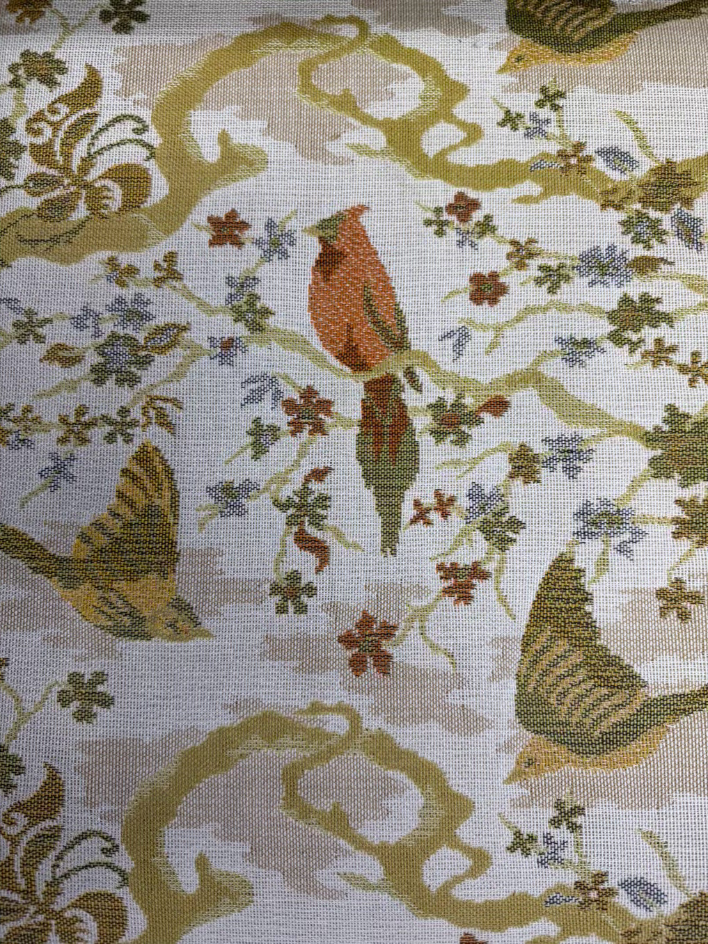 VINTAGE Cream, Gold, Green & Rust Birds Love Seat w/ 2 Cushions