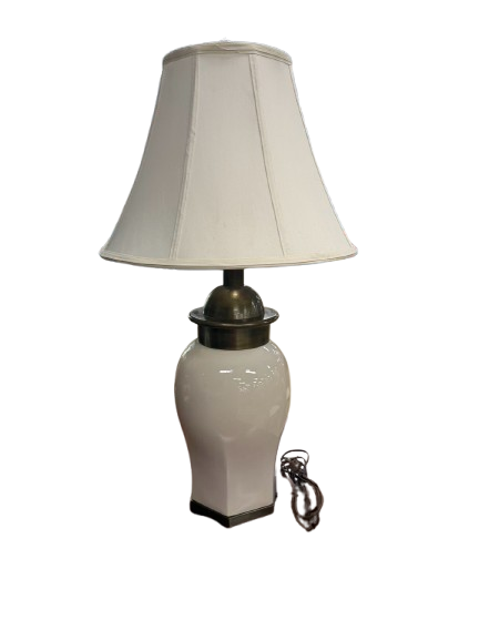 Cream Ceramic Lamp w/ Brushed Gold Trim & Ivory Shade