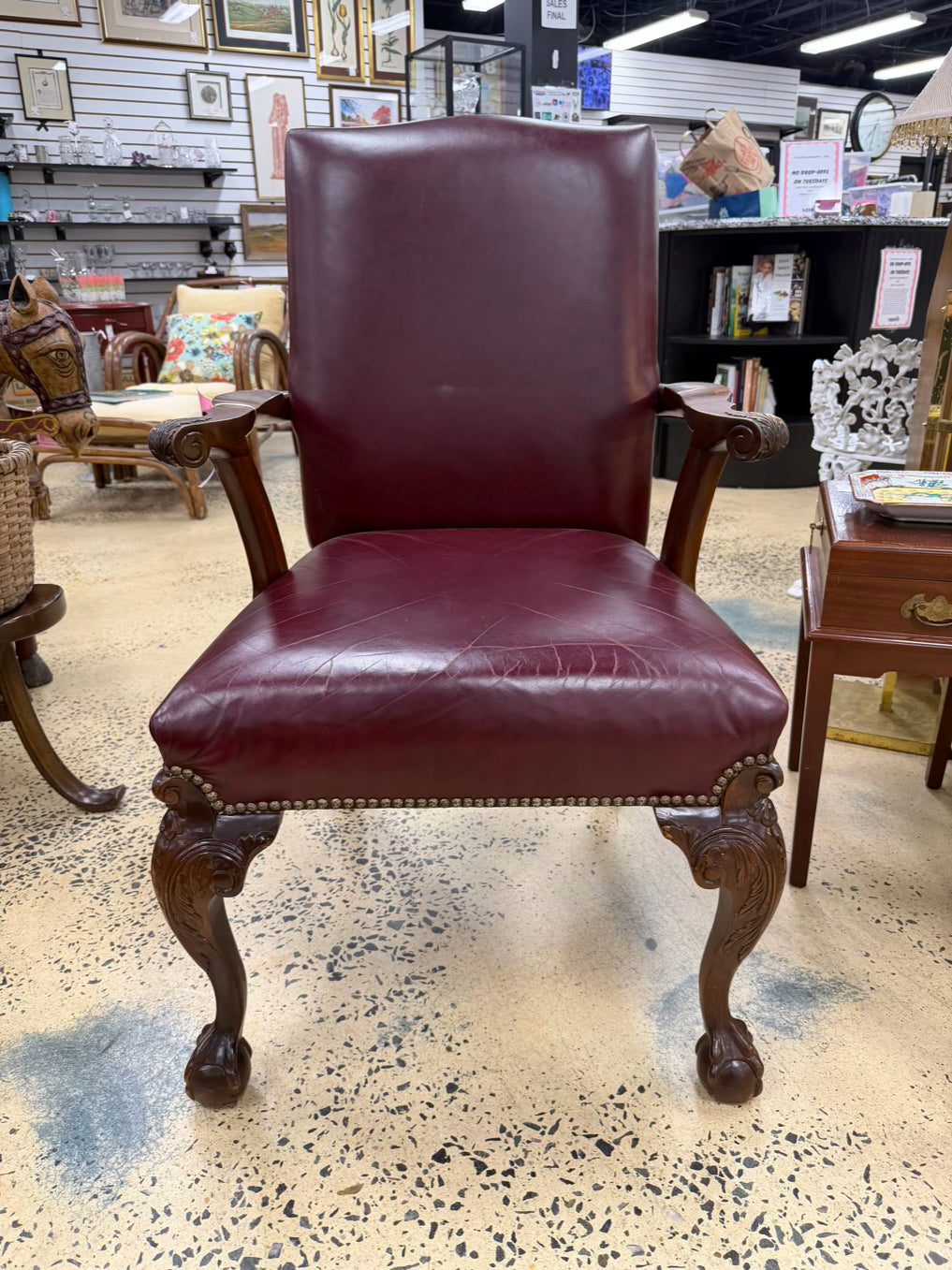 VINTAGE Red Queen Ann Wood Chair w/ Leather Upholstery