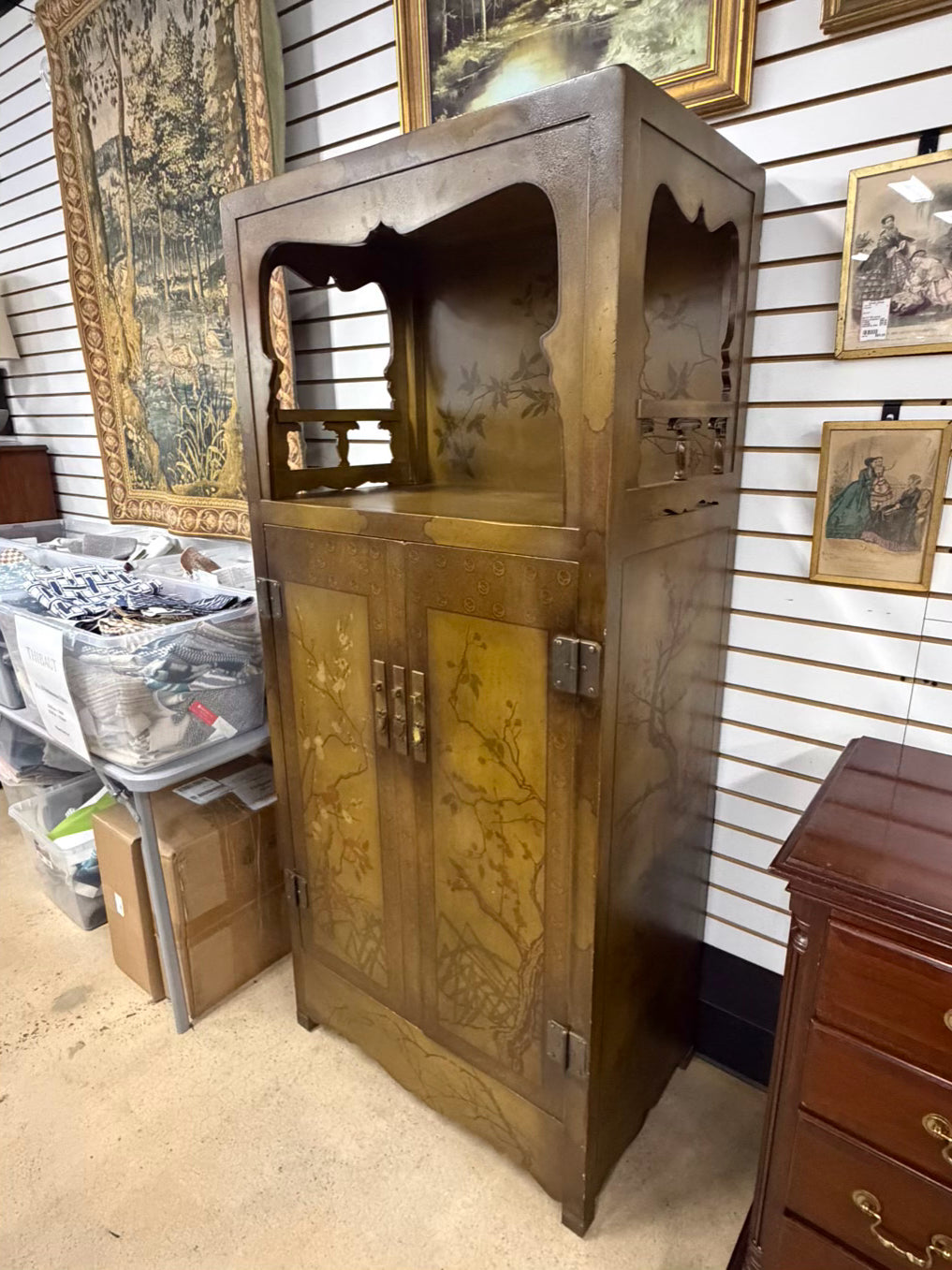 Gold & Red Wood Asian Inspired Tree Cabinet w/ Open Upper Shelf