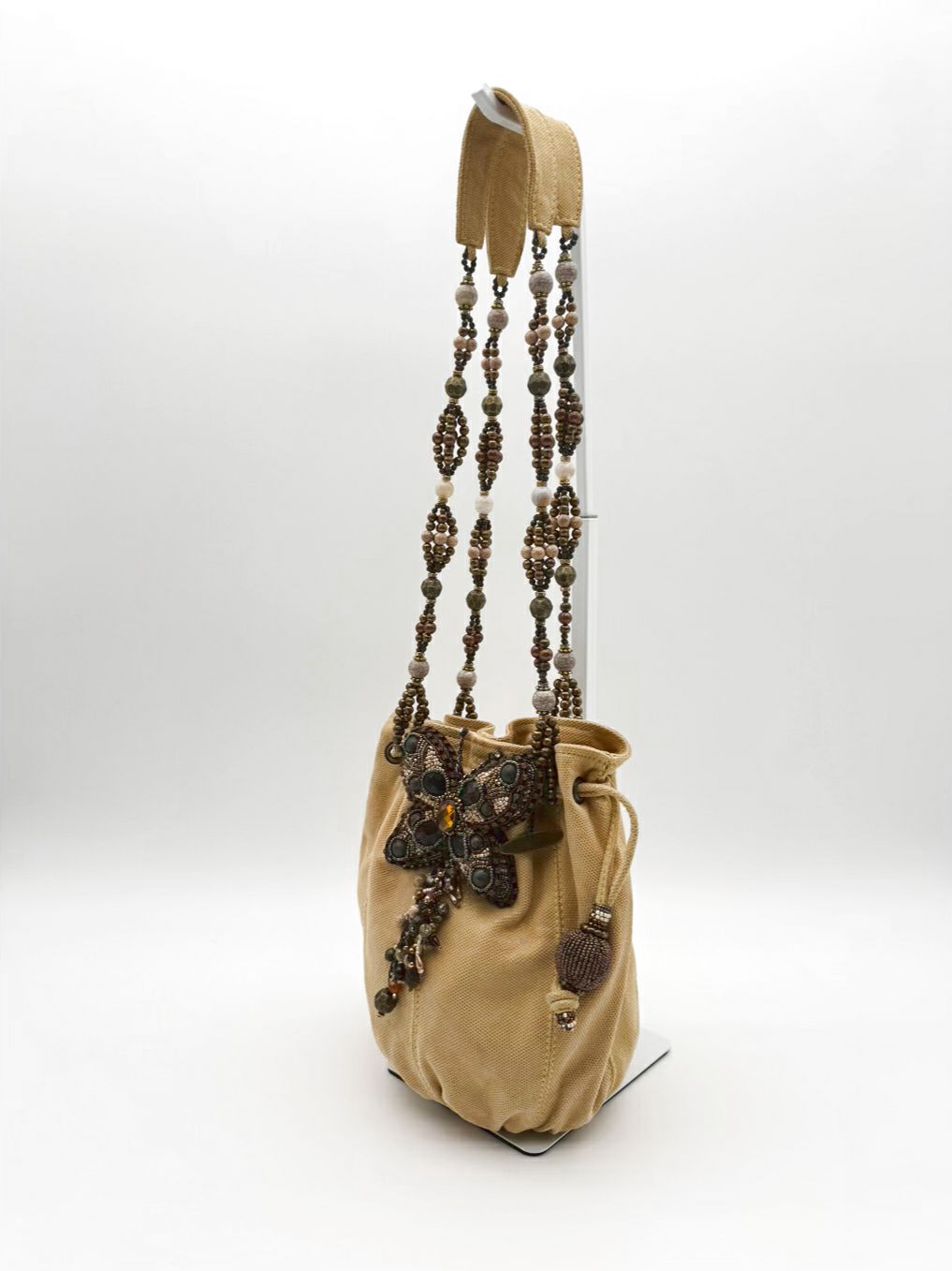 MARY FRANCES Flustered Beige Beaded Butterfly Drawstring Bucket Bag