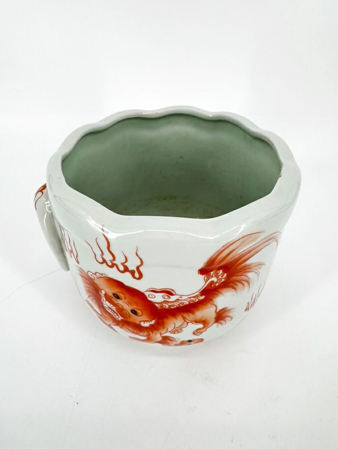 White & Rust Porcelain Foo Dogs Cachepot