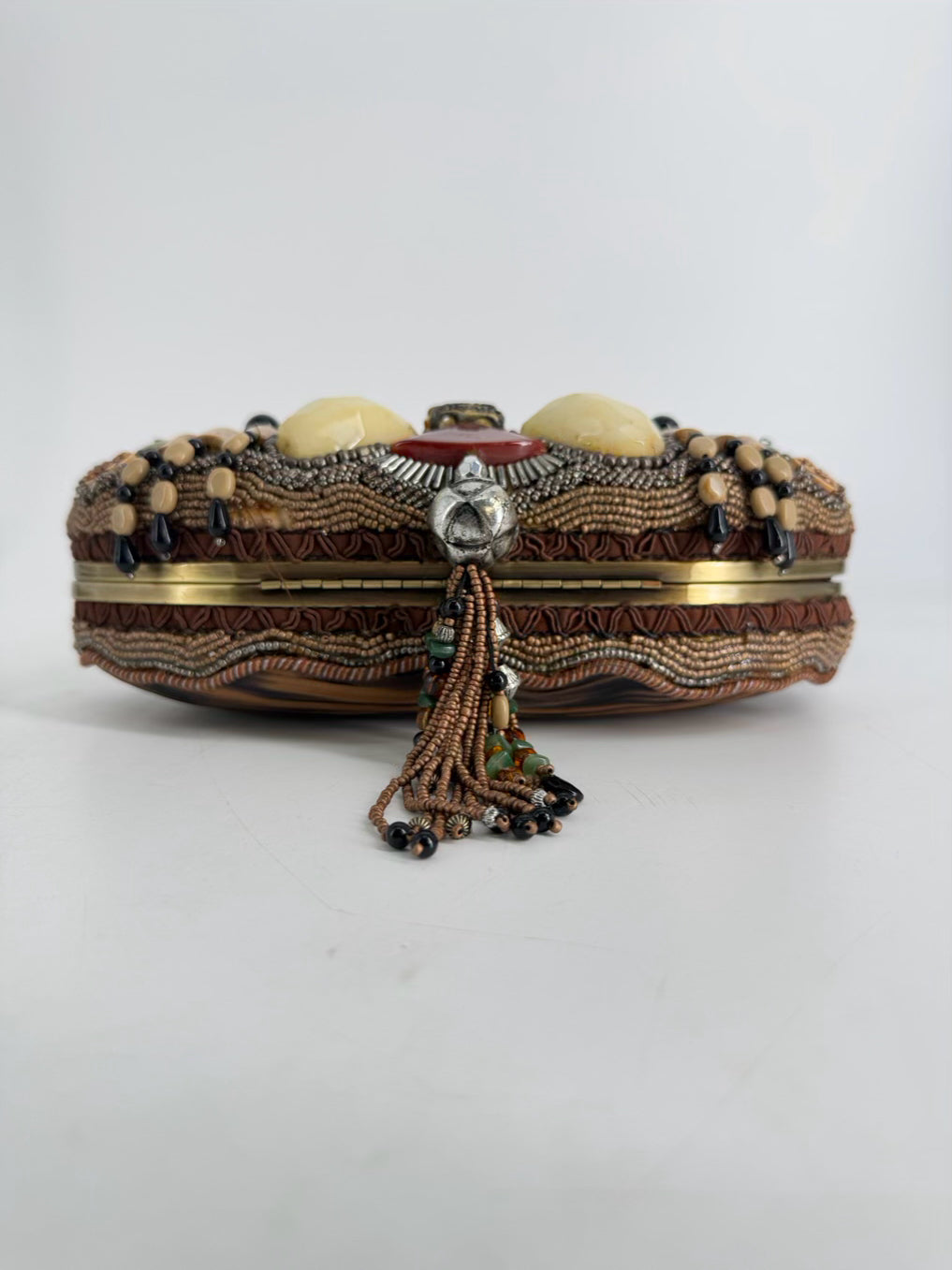 MARY FRANCES Beaded Tan, Brown & Teal Carmel Macchiato Gemstone Purse NWT