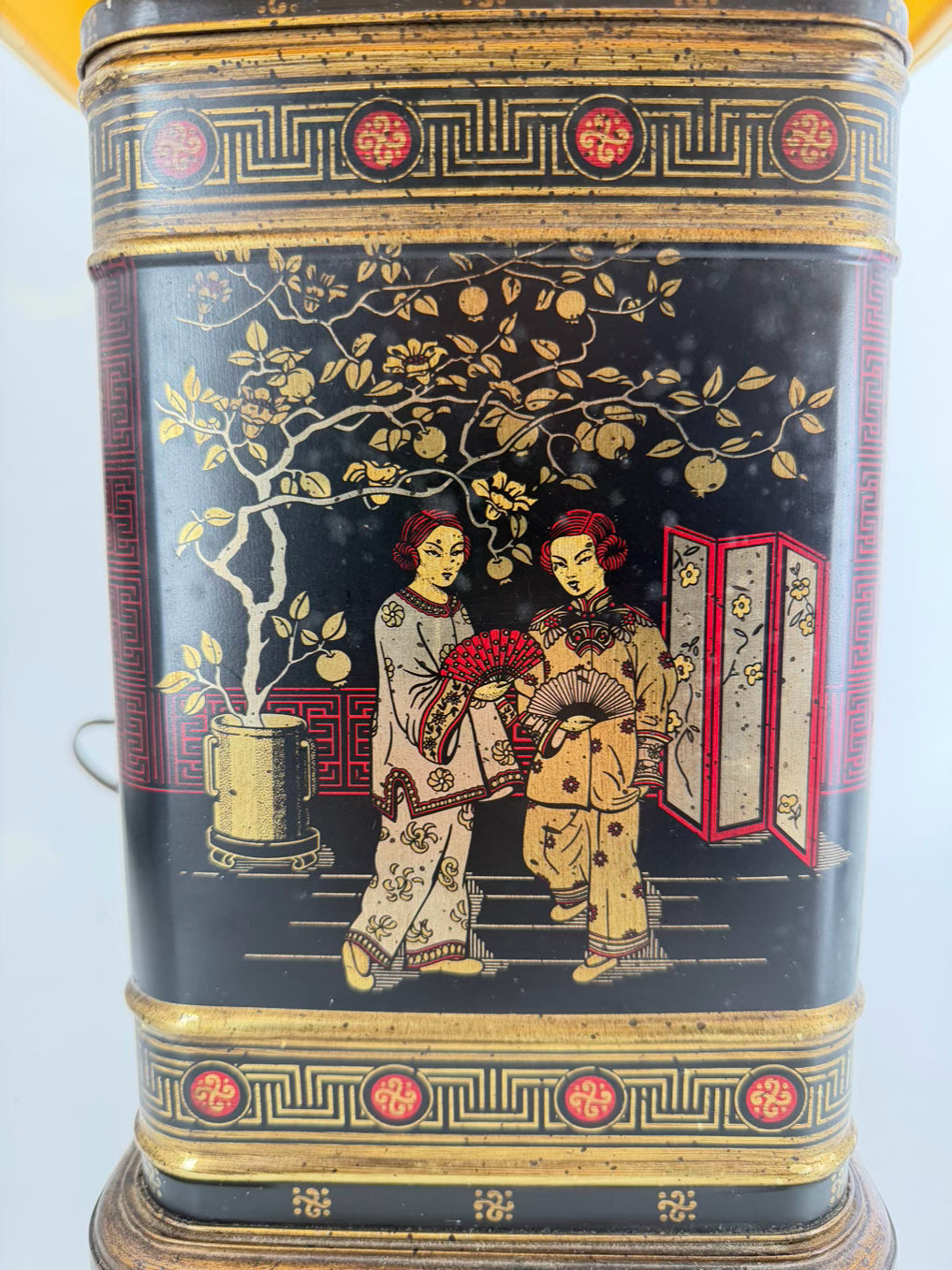 Black, Red & Gold Tin Oriental Pair of Tea Caddy Lamps w/  Square White Shades