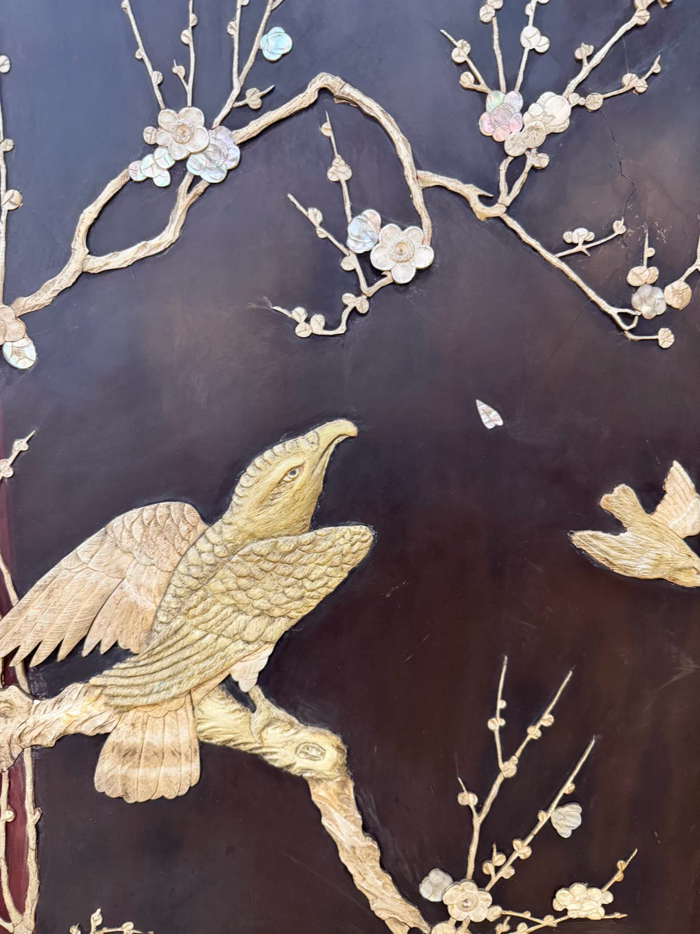 Black & Cream Oriental Carved Birds & Flowers 2 Panel Screen