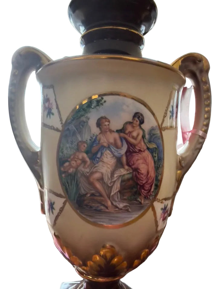 Cream & Gold Hand Painted Porcelain Urn Pair Of Lamps w/ Shades
