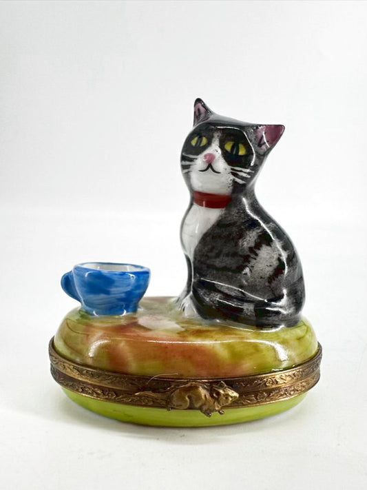 LIMOGES Black, Blue & Green Cat & Mug Ceramic Trinket Box