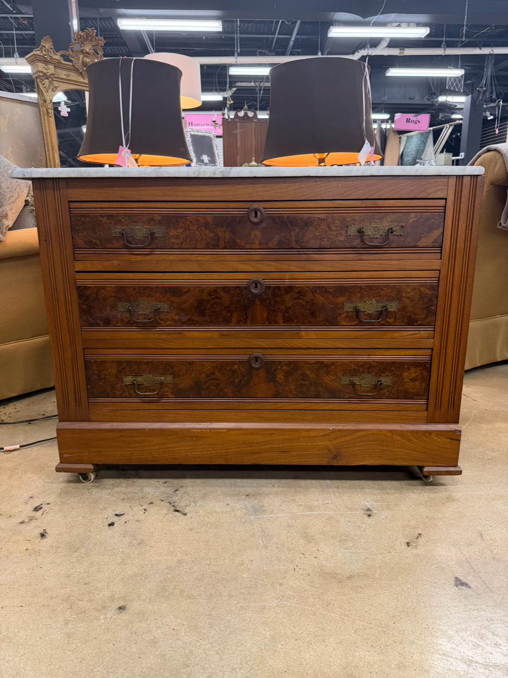 ANTIQUE Dark Wood & Marble 3 Drawer Chest