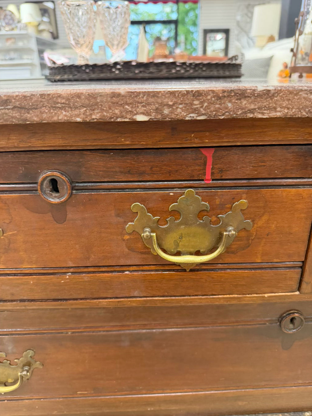 Victorian Wood 3 Drawer Chest w/ Pink Marble Top