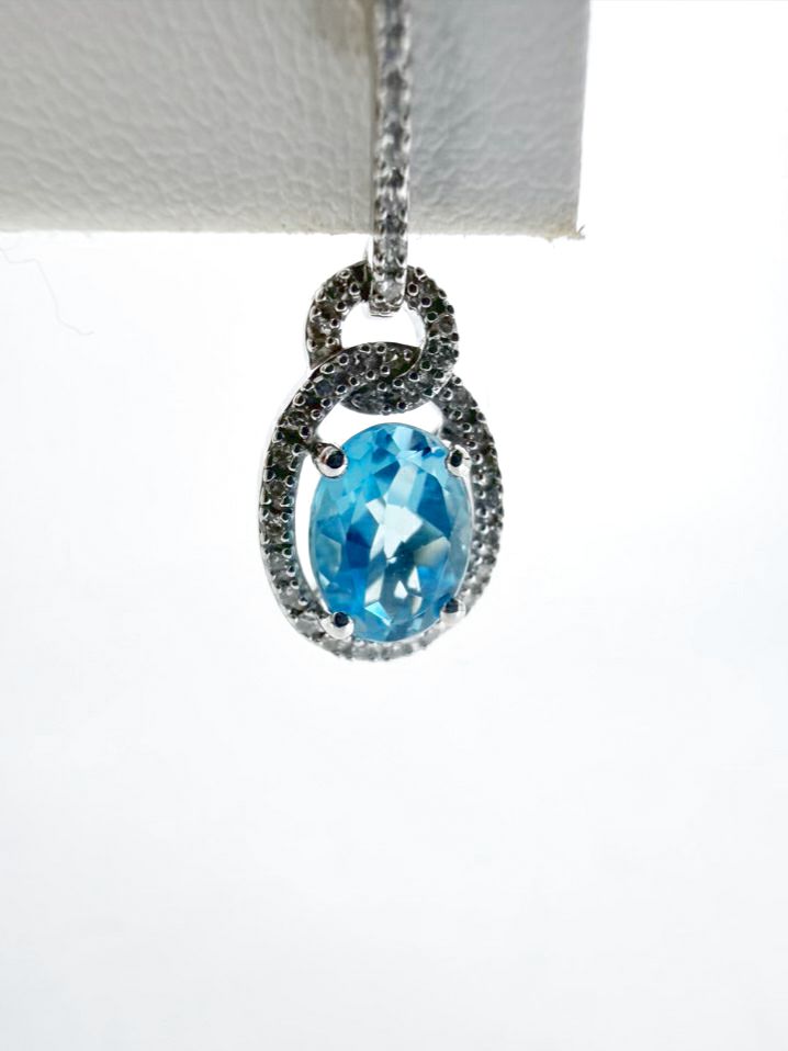 STERLING SILVER Blue Topaz & Diamond Oval Necklace & Earring Set