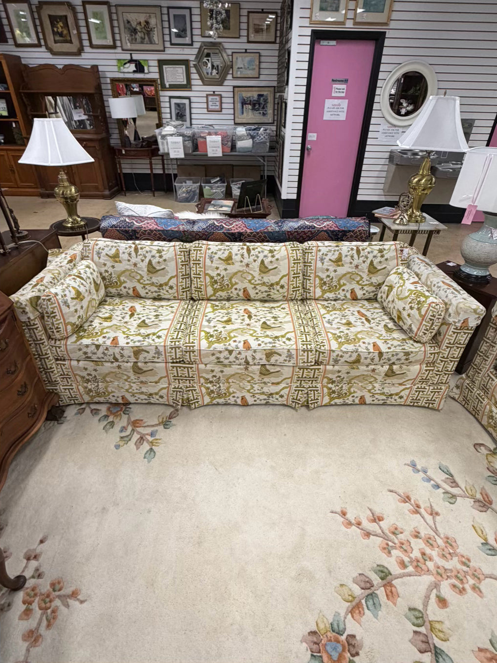 VINTAGE Cream, Gold, Green & Rust Birds Sofa w/ 3 Cushions