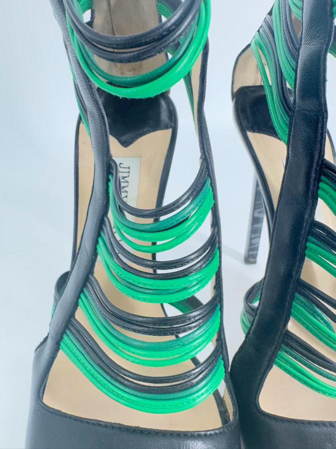 JIMMY CHOO Size 37.5 Green & Black Leather Strappy Pumps