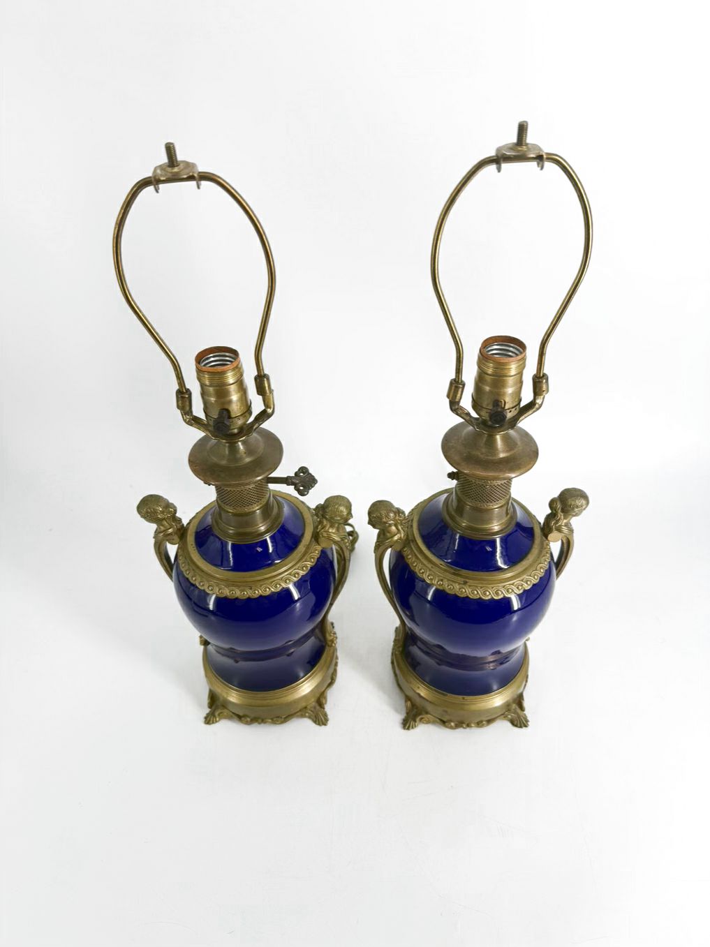 Neo Classical Cobalt Porcelain & Brass Pair Of Lamps